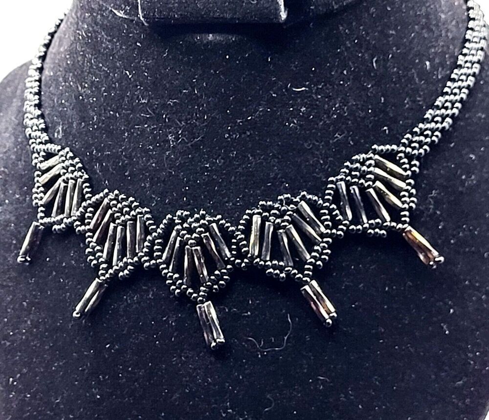 Antique Beaded Woven Victorian Beaded Silver and Black Choker Necklace 15.5 in